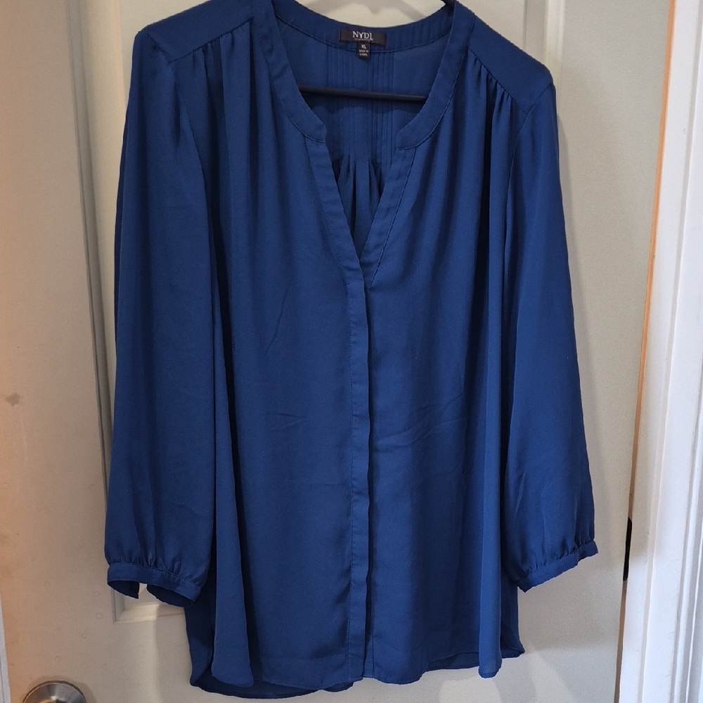 NYDJ Cobalt Blue Split-Neck Peasant Blouse